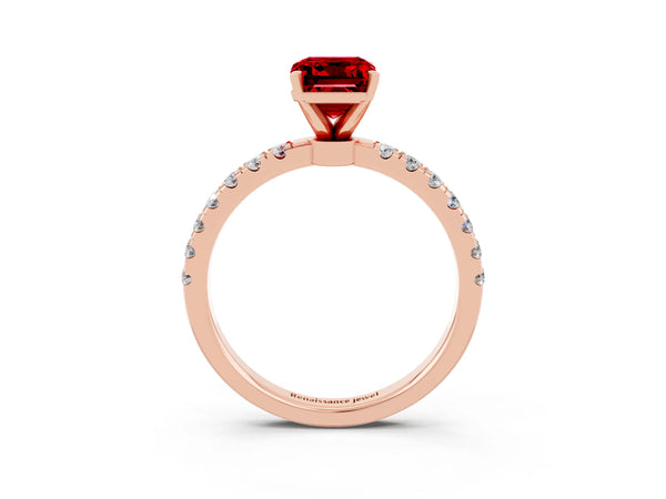Rose gold Emerald Cut Ruby Solitaire Ring with Pavé Accents and Four-Prong Setting