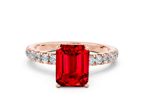 Rose gold Emerald Cut Ruby Solitaire Ring with Pavé Accents and Four-Prong Setting