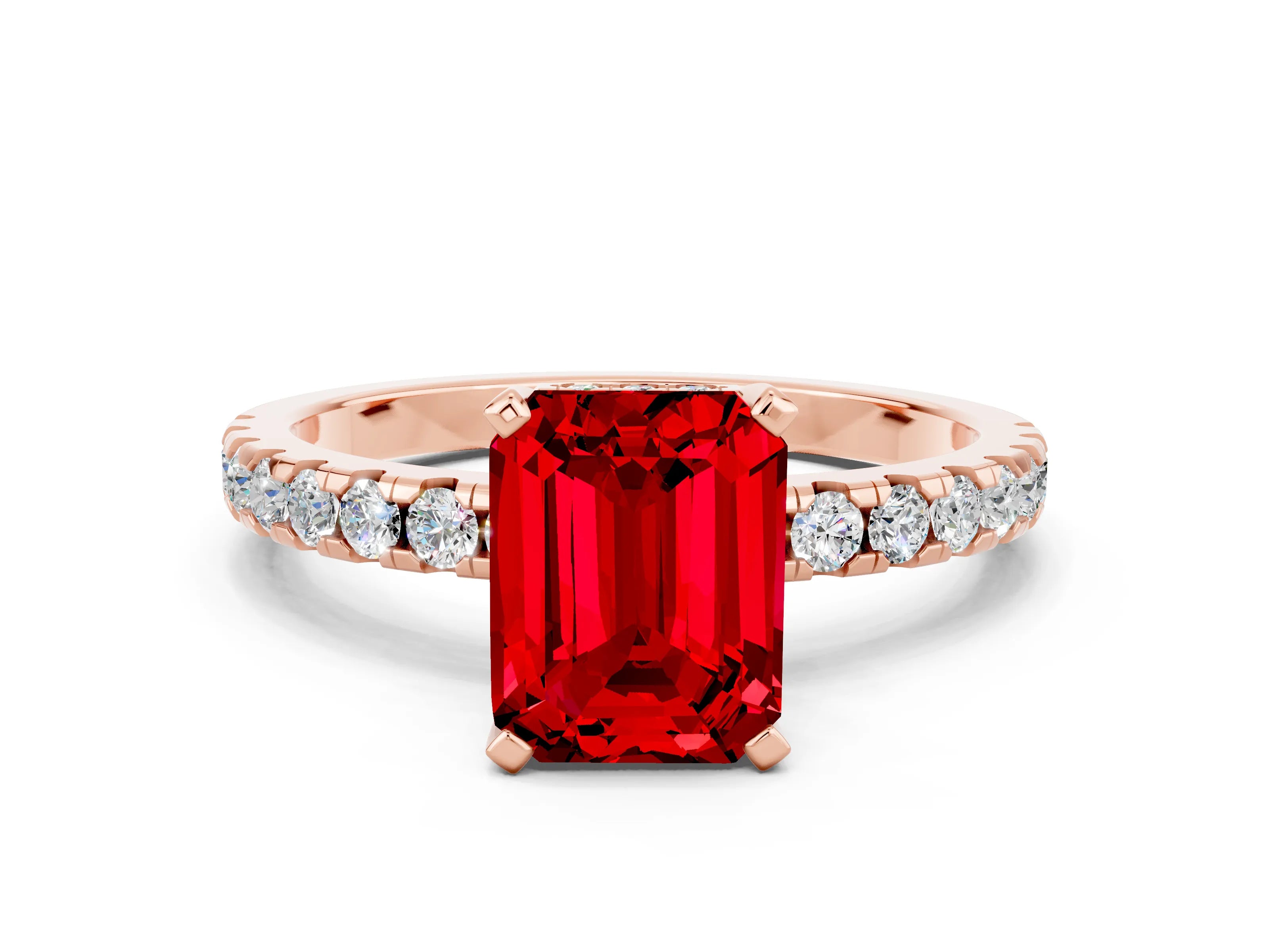 Rose gold Emerald Cut Ruby Solitaire Ring with Pavé Band and Four-Prong Setting_24