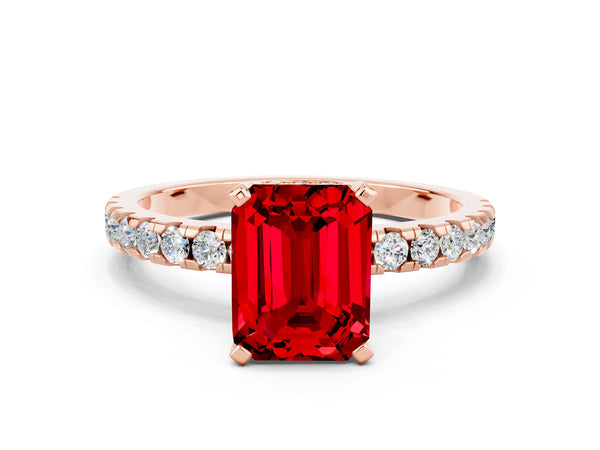 Rose gold Emerald Cut Ruby Solitaire Ring with Round  Pavé Band and Four-Prong Setting