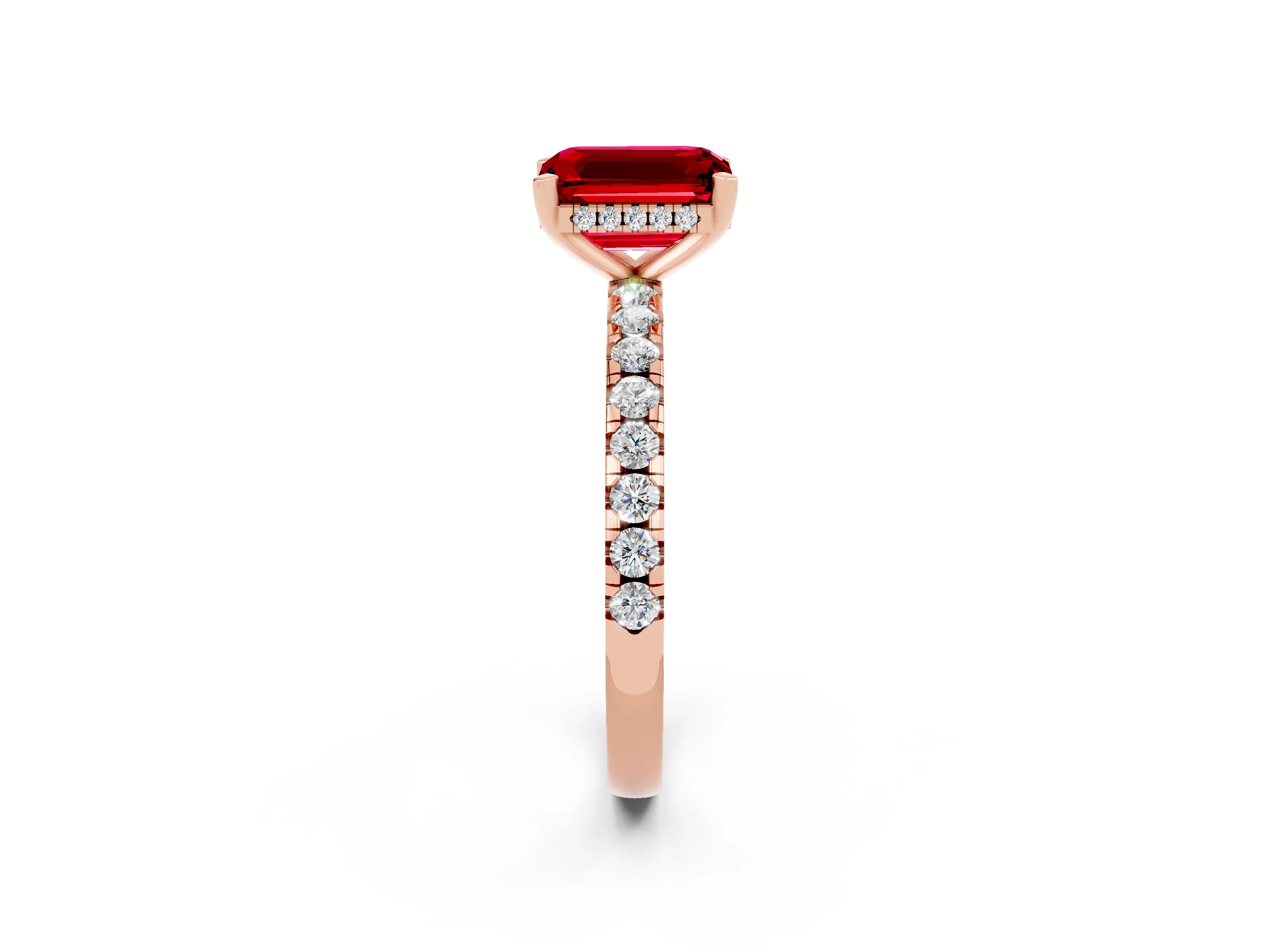 Rose gold Emerald Cut Ruby Solitaire Ring with Pavé Band and Four-Prong Setting_26