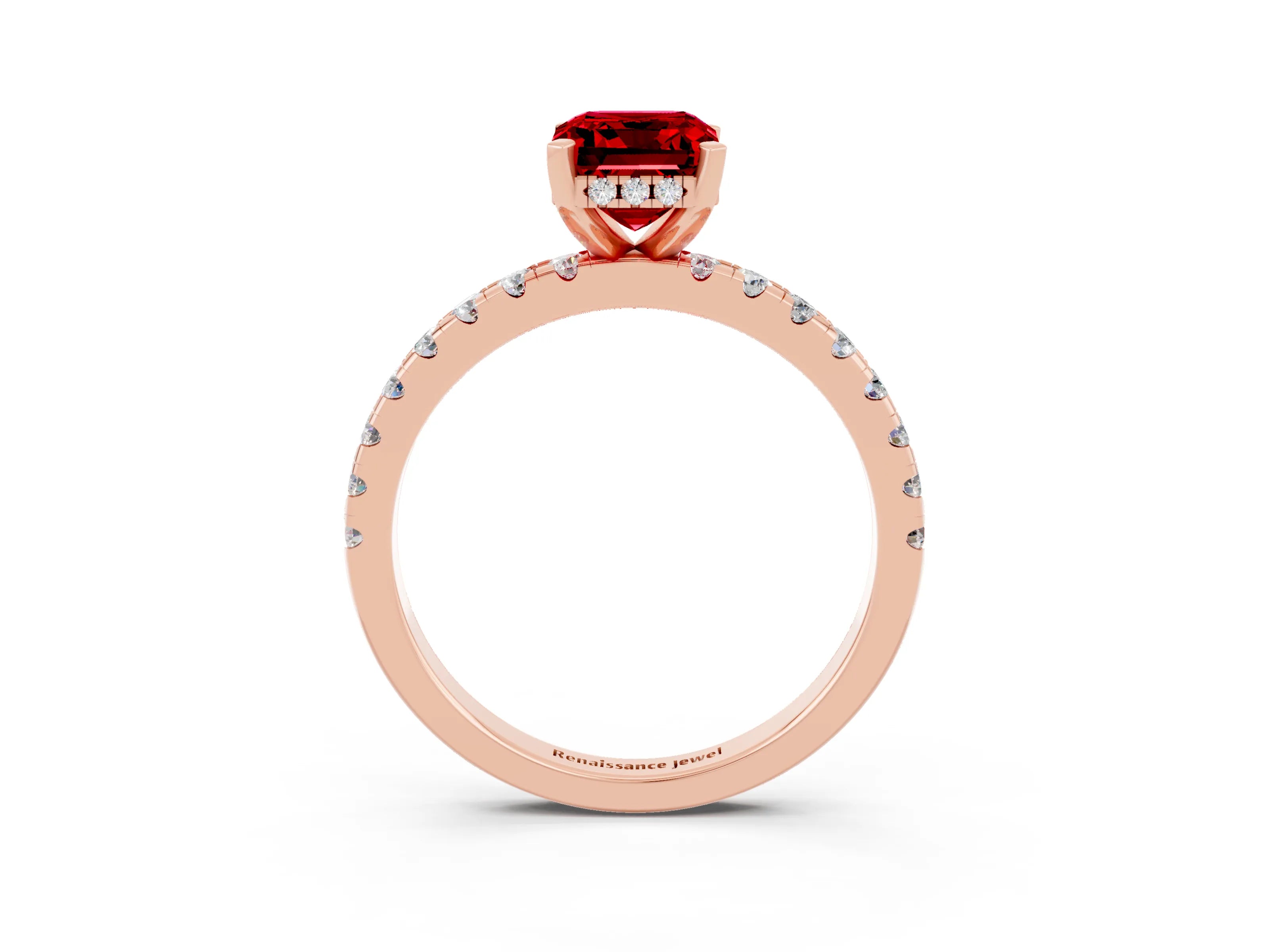 Rose gold Emerald Cut Ruby Solitaire Ring with Pavé Band and Four-Prong Setting_27