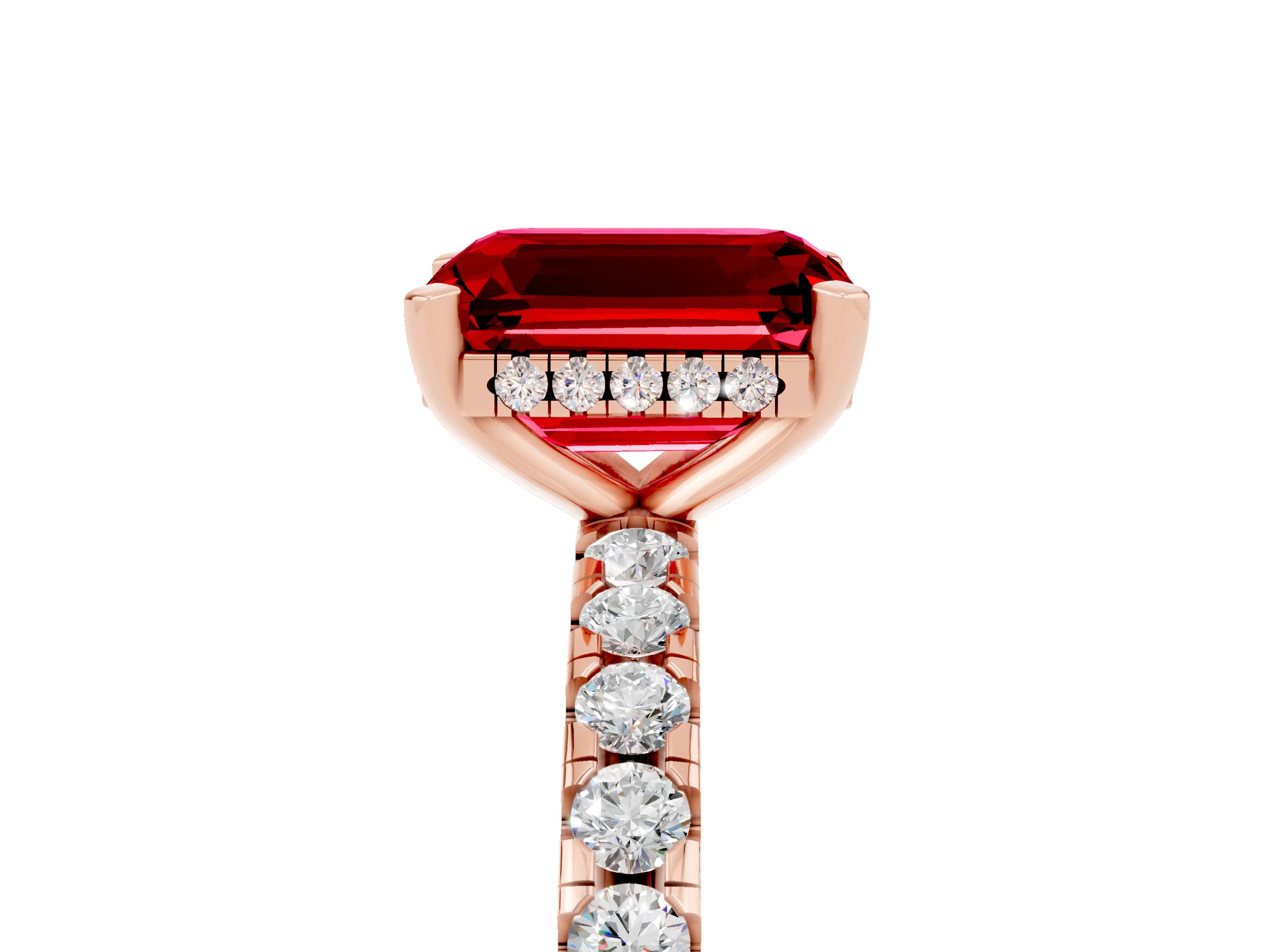 Rose gold Emerald Cut Ruby Solitaire Ring with Pavé Band and Four-Prong Setting_29