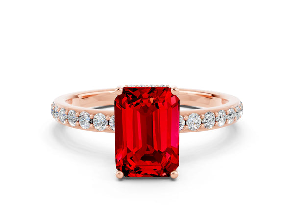 Rose gold Emerald Cut Ruby Solitaire Ring with Pavé Band and Hidden Halo
