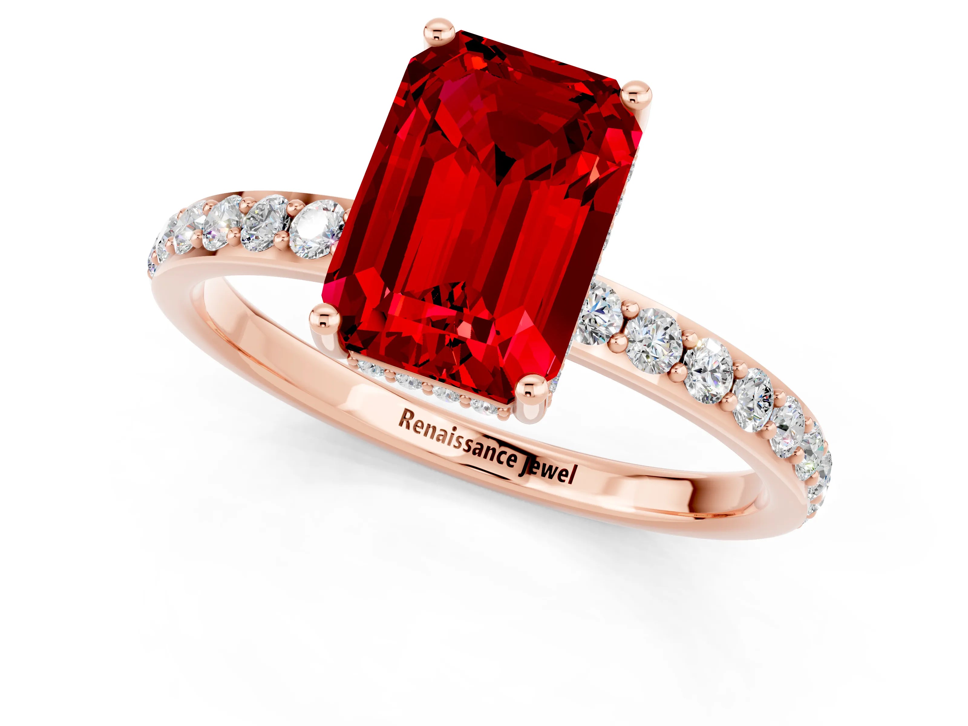 Rose gold Emerald Cut Ruby Solitaire Ring with Pavé Band and Hidden Halo_13