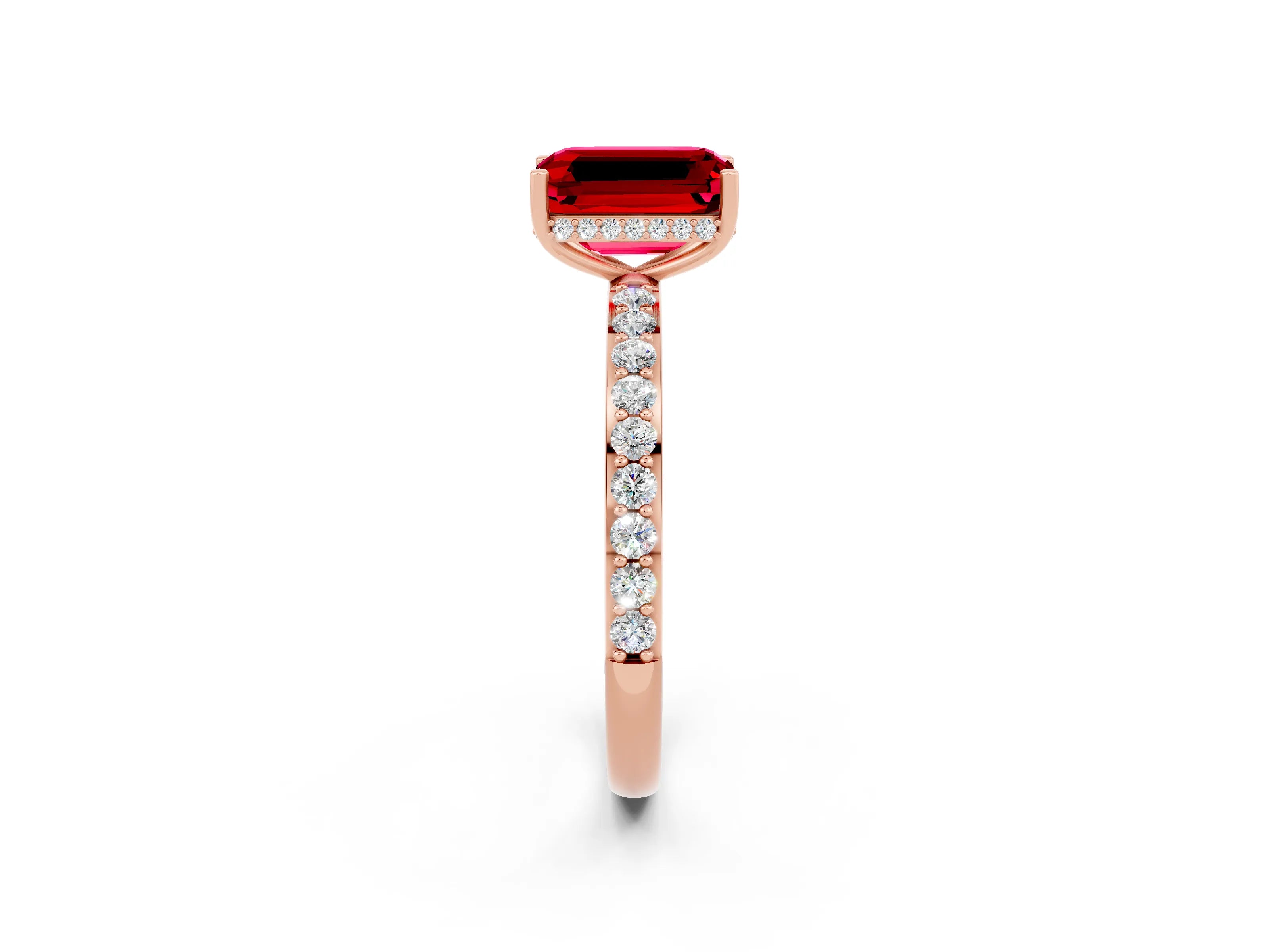 Rose gold Emerald Cut Ruby Solitaire Ring with Pavé Band and Hidden Halo_14