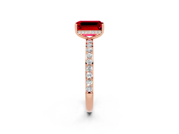 Rose gold Emerald Cut Ruby Solitaire Ring with Pavé Band and Hidden Halo