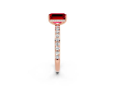 Rose gold Emerald Cut Ruby Solitaire Ring with Pavé Band and Hidden Halo_14
