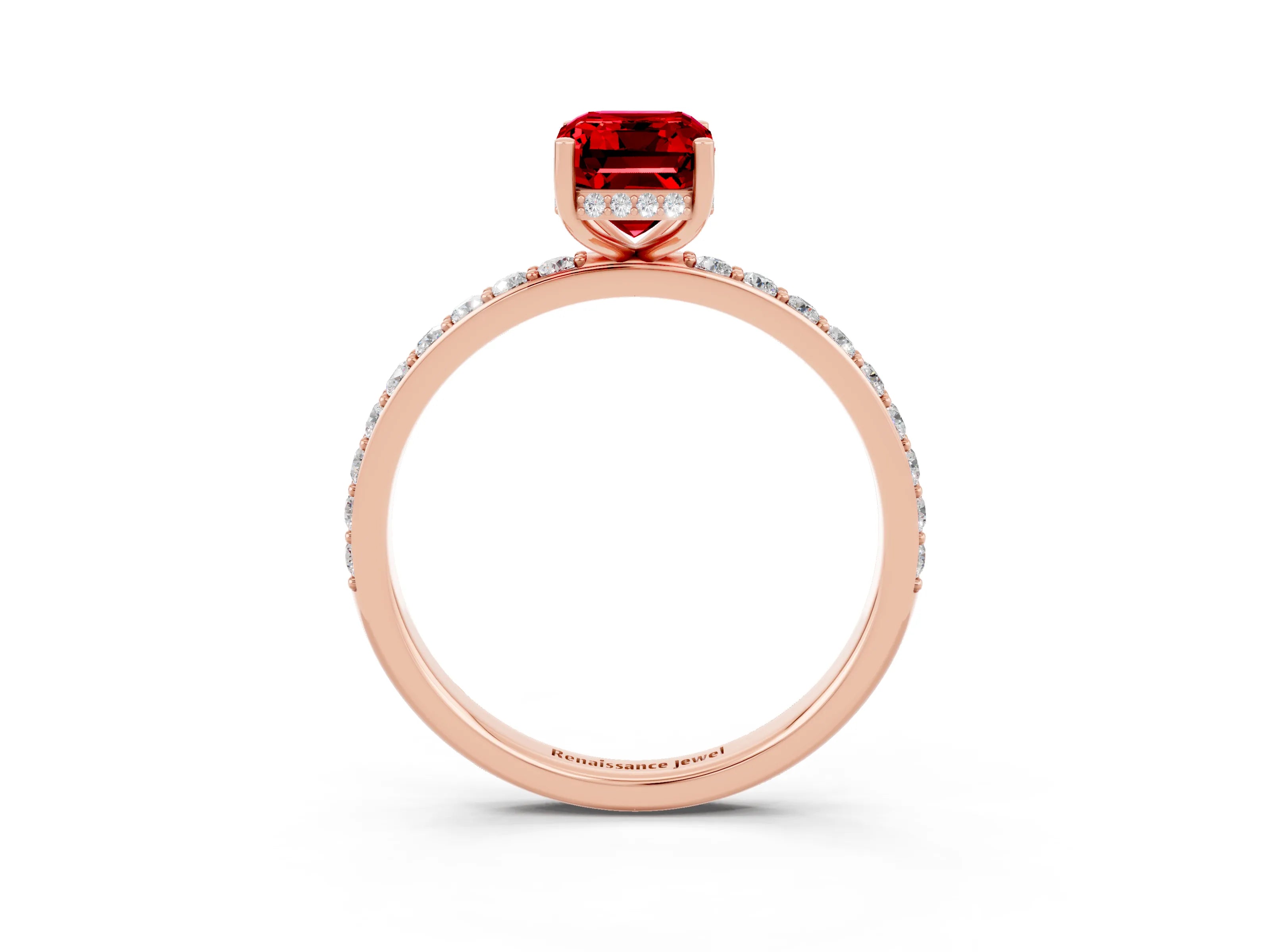 Rose gold Emerald Cut Ruby Solitaire Ring with Pavé Band and Hidden Halo_15