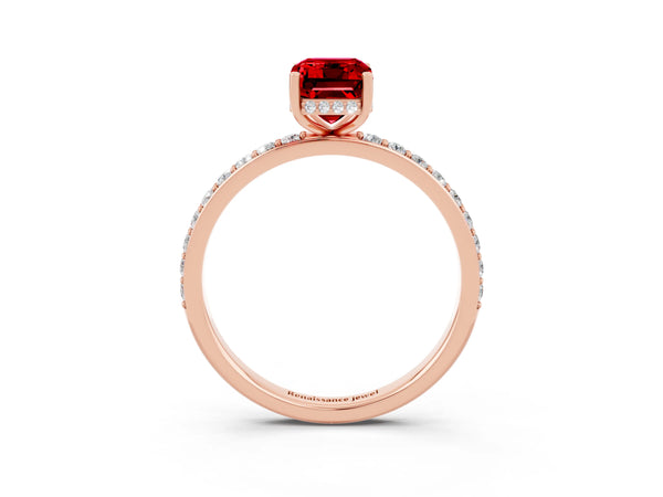 Rose gold Emerald Cut Ruby Solitaire Ring with Pavé Band and Hidden Halo