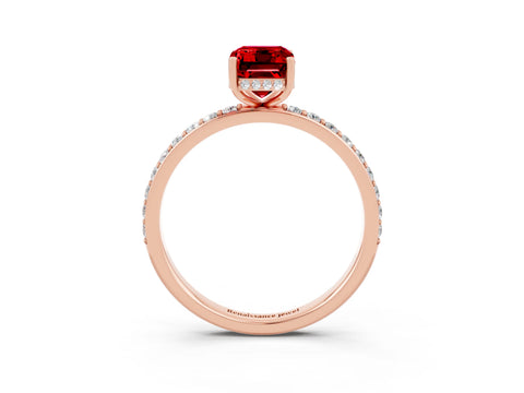 Rose gold Emerald Cut Ruby Solitaire Ring with Pavé Band and Hidden Halo_15