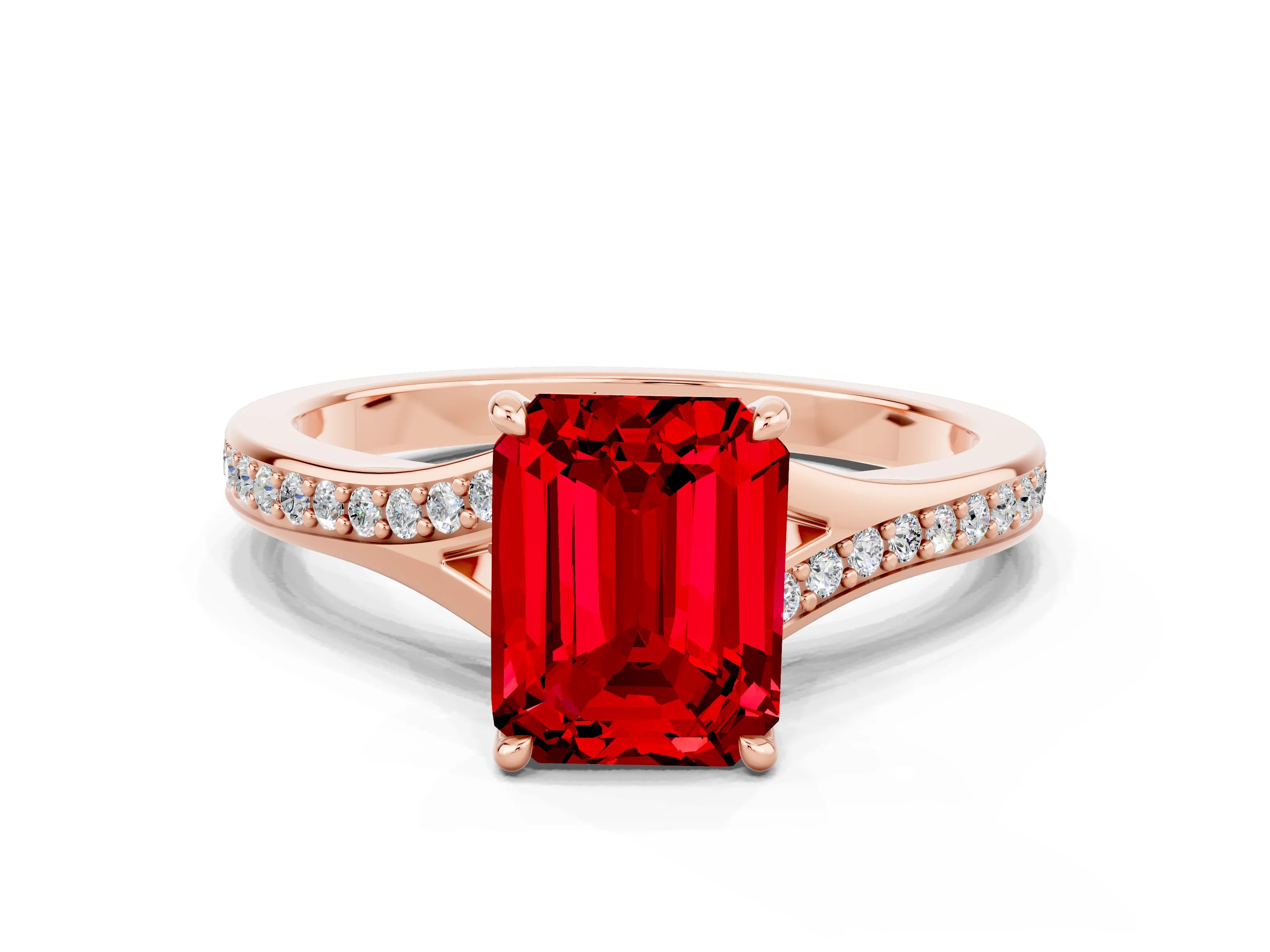 Rose gold Emerald Cut Ruby Solitaire Ring with Pavé Band and Prong Setting