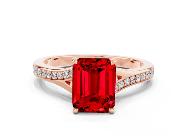 Rose gold Emerald Cut Ruby Solitaire Ring with Pavé Band and Prong Setting
