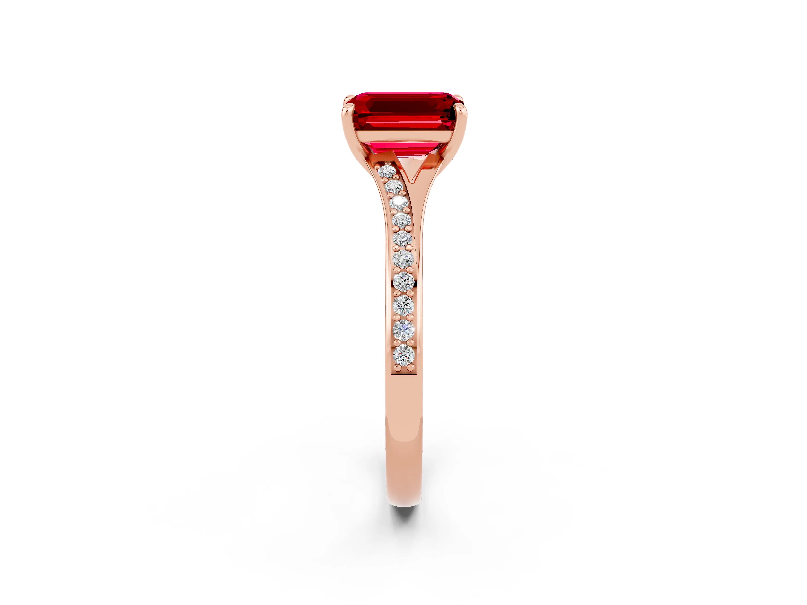 Rose gold Emerald Cut Ruby Solitaire Ring with Pavé Band and Prong Setting_14