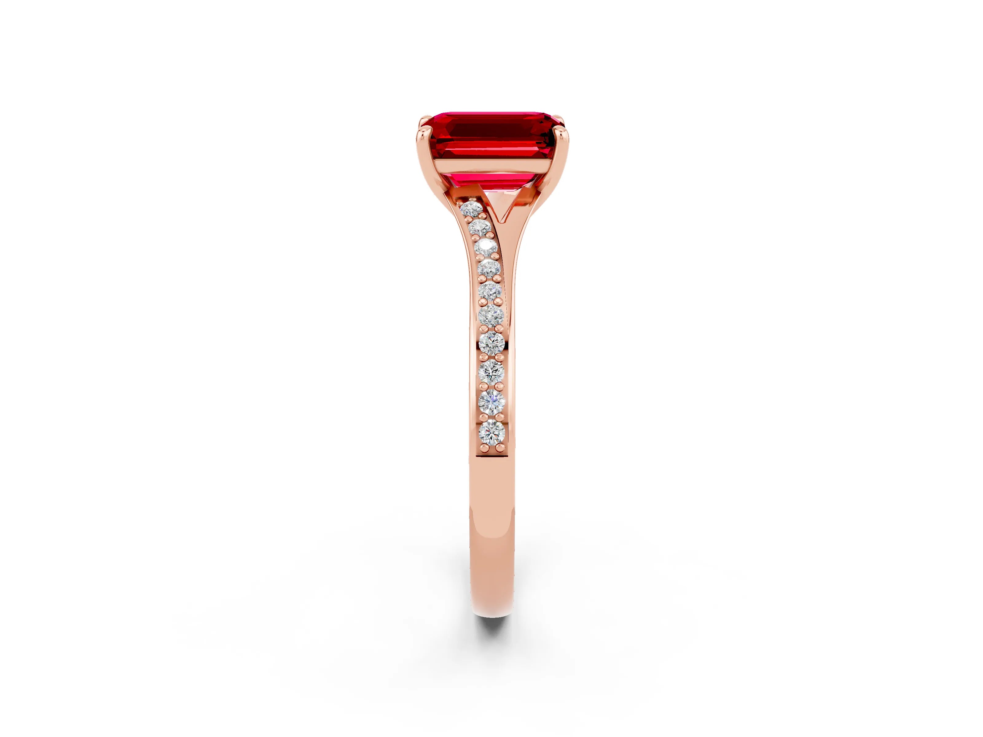 Rose gold Emerald Cut Ruby Solitaire Ring with Pavé Band and Prong Setting_2