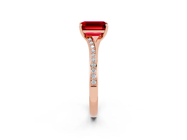 Rose gold Emerald Cut Ruby Solitaire Ring with Pavé Band and Prong Setting