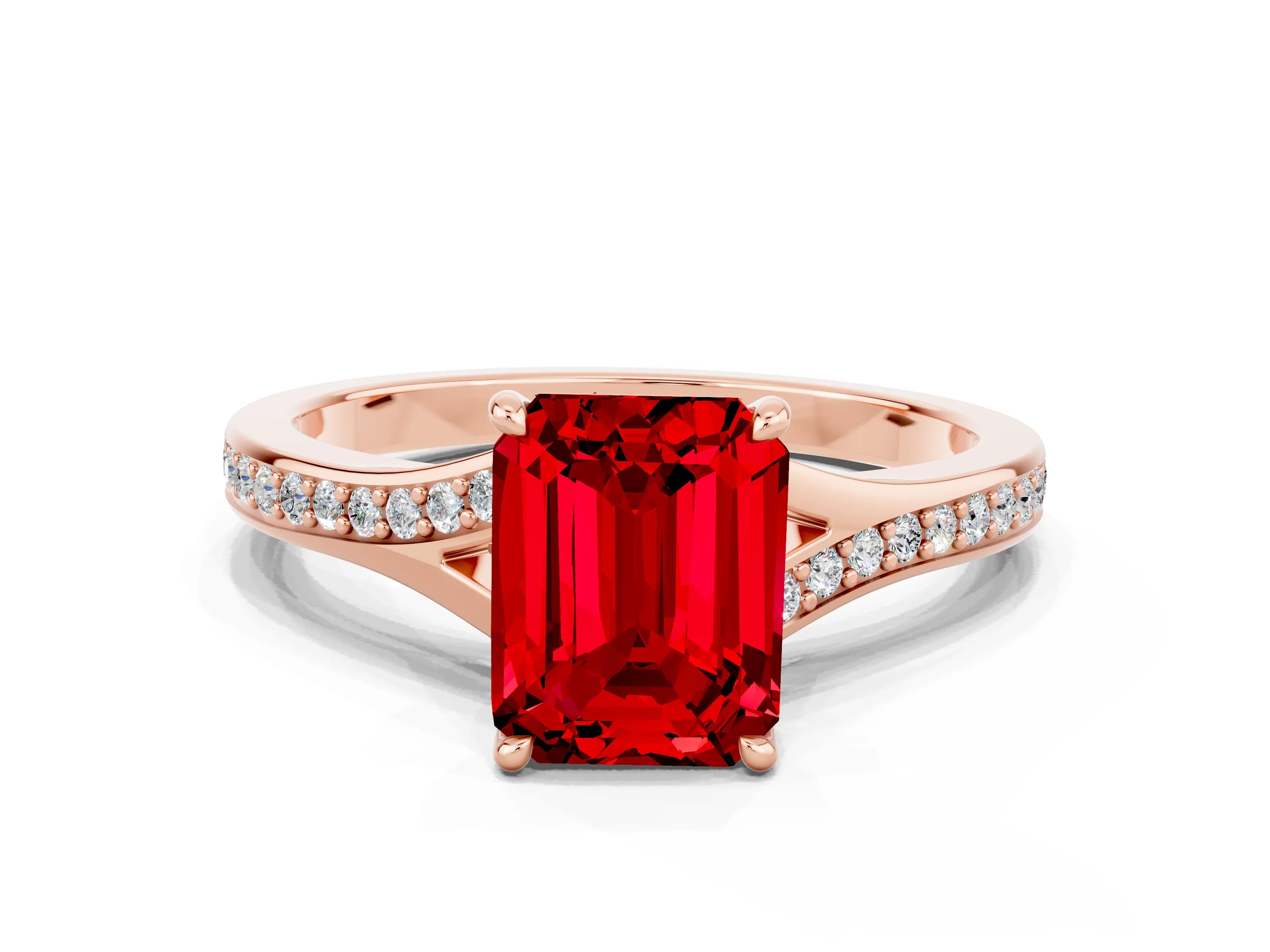 Rose gold Emerald Cut Ruby Solitaire Ring with Pavé Band and Prong Setting_24
