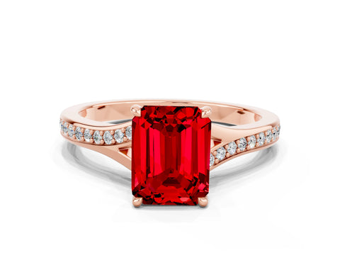 Rose gold Emerald Cut Ruby Solitaire Ring with Pavé Band and Prong Setting_24