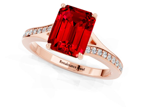 Rose gold Emerald Cut Ruby Solitaire Ring with Pavé Band and Prong Setting_25