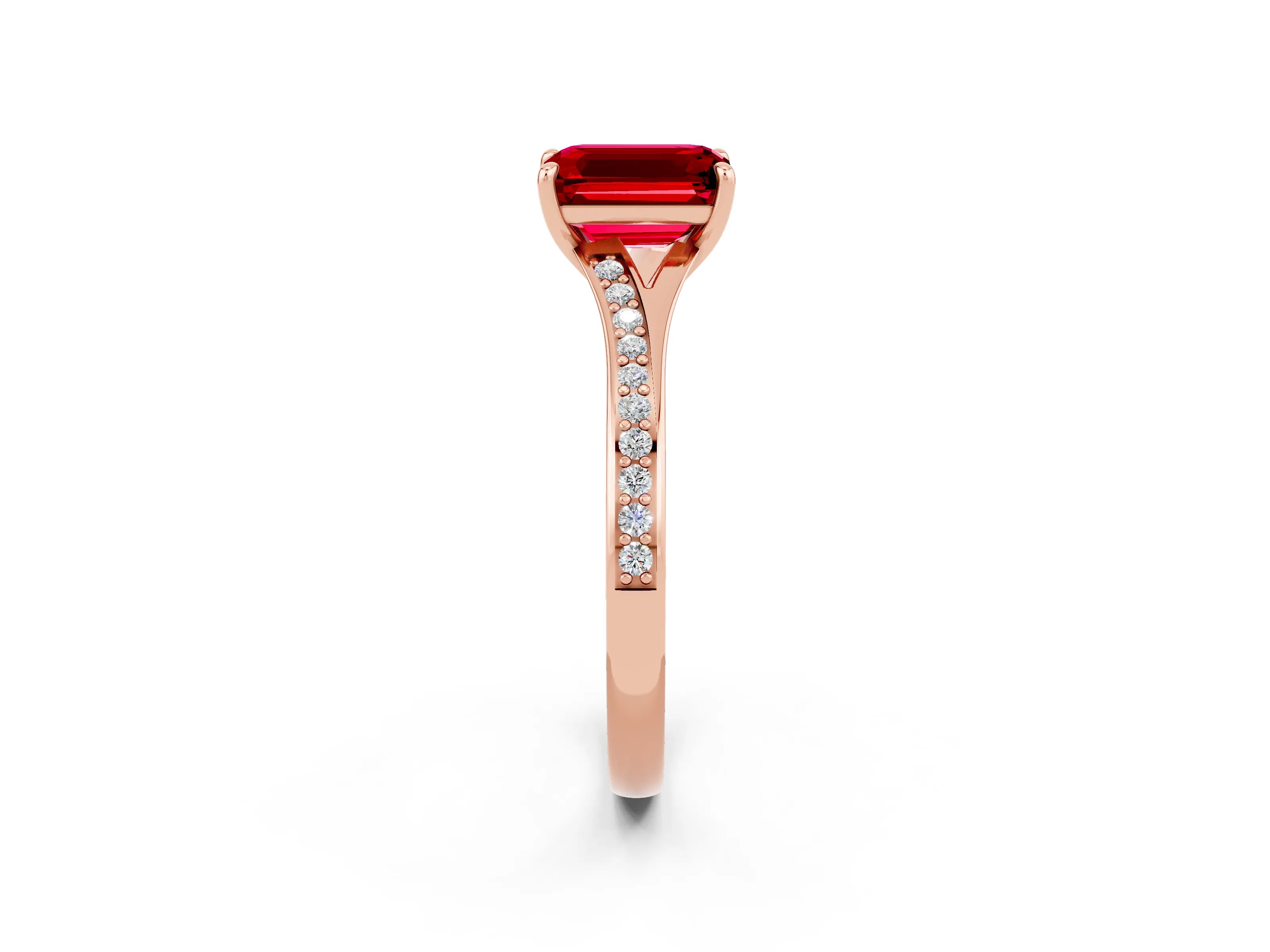 Rose gold Emerald Cut Ruby Solitaire Ring with Pavé Band and Prong Setting_26