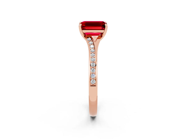 Rose gold Emerald Cut Ruby Solitaire Ring with Pavé Band and Prong Setting