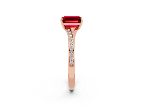 Rose gold Emerald Cut Ruby Solitaire Ring with Pavé Band and Prong Setting_26