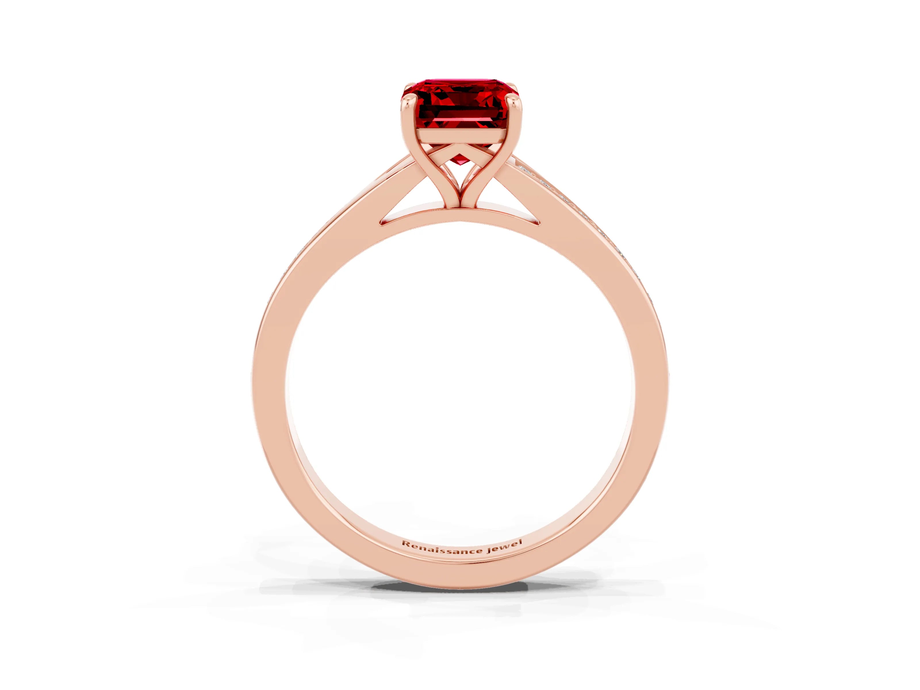 Rose gold Emerald Cut Ruby Solitaire Ring with Pavé Band and Prong Setting_27
