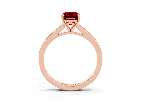 Rose gold Emerald Cut Ruby Solitaire Ring with Pavé Band and Prong Setting