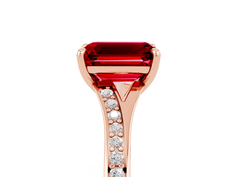Rose gold Emerald Cut Ruby Solitaire Ring with Pavé Band and Prong Setting_29