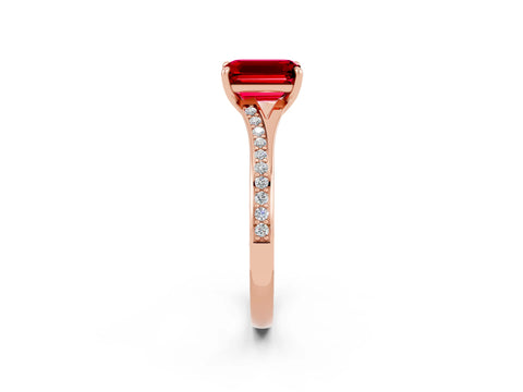 Rose gold Emerald Cut Ruby Solitaire Ring with Pavé Band and Prong Setting_2