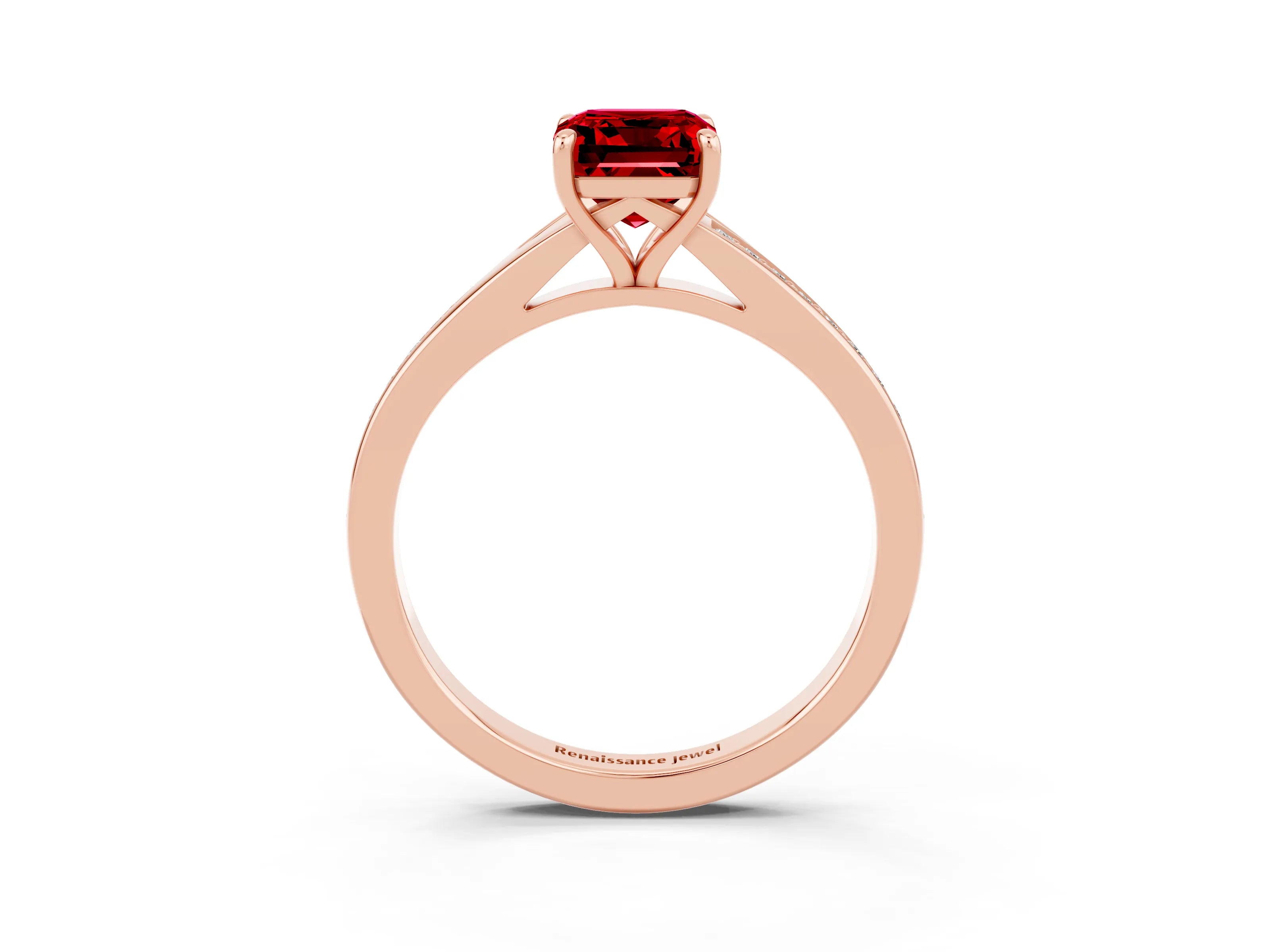 Rose gold Emerald Cut Ruby Solitaire Ring with Pavé Band and Prong Setting_3