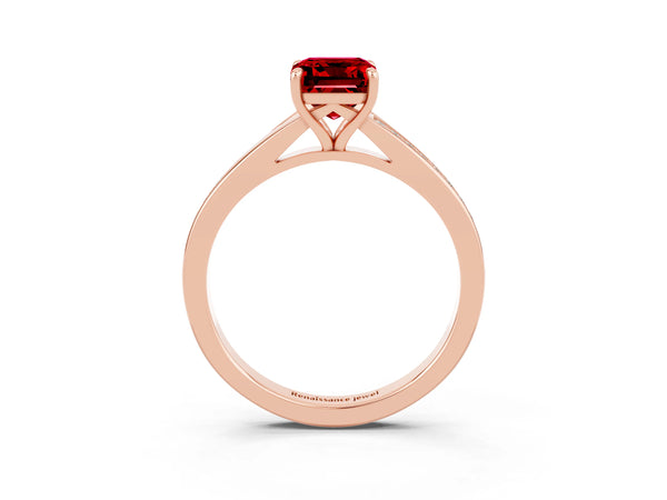 Rose gold Emerald Cut Ruby Solitaire Ring with Pavé Band and Prong Setting