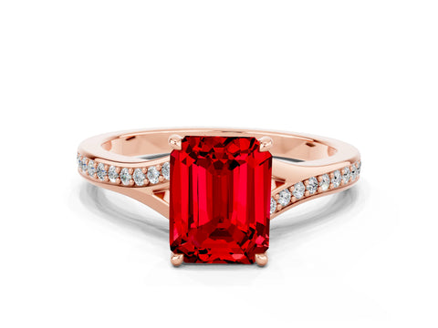 Rose gold Emerald Cut Ruby Solitaire Ring with Pavé Band and Prong Setting
