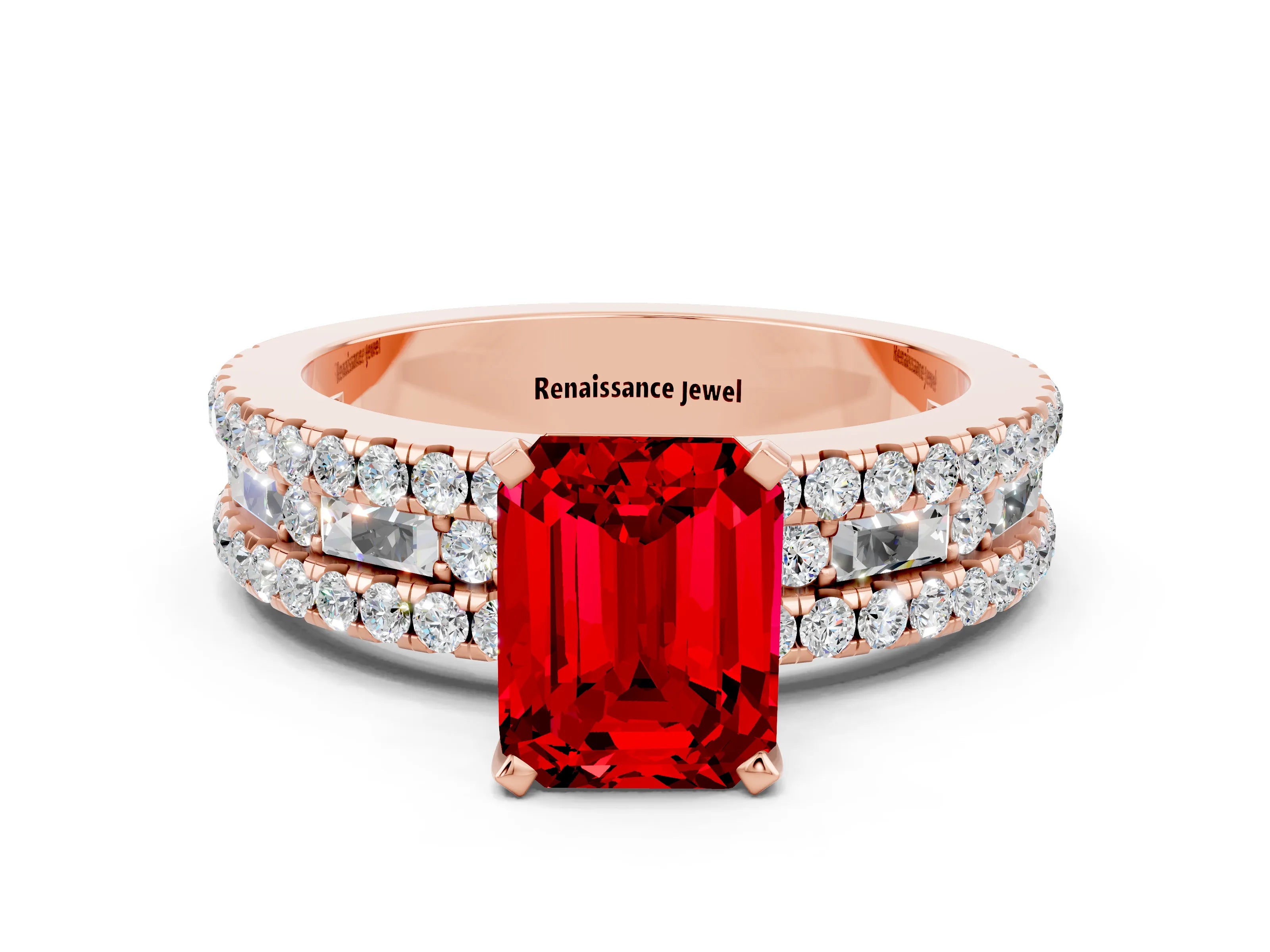 Rose gold Emerald Cut Ruby Solitaire Ring with Pavé and Channel Set Band
