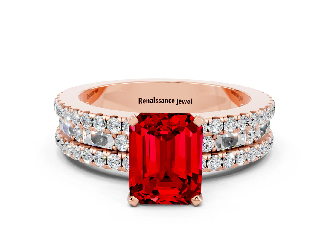 Rose gold Emerald Cut Ruby Solitaire Ring with Pavé and Channel Set Band