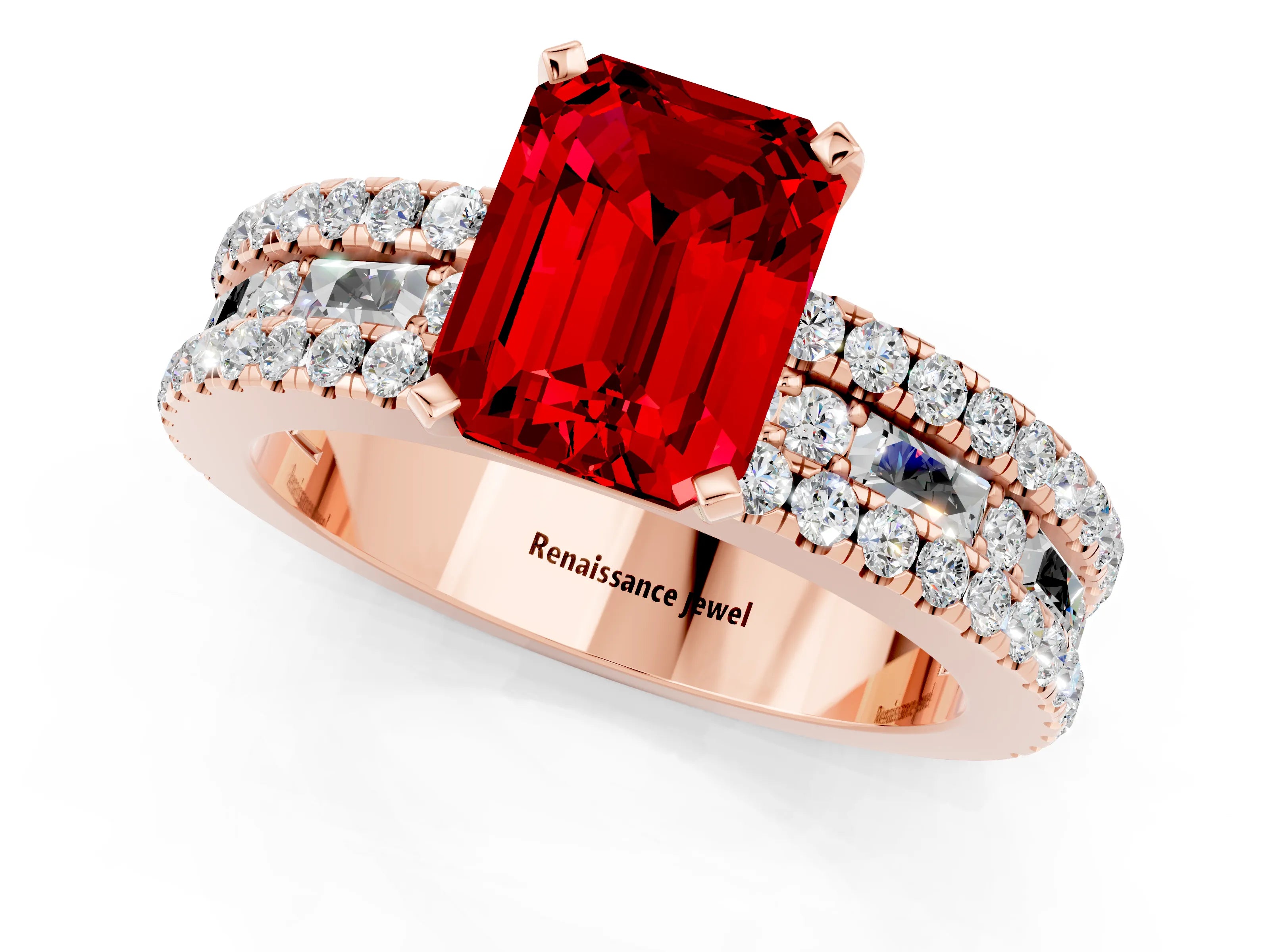Rose gold Emerald Cut Ruby Solitaire Ring with Pavé and Channel Set Band_1