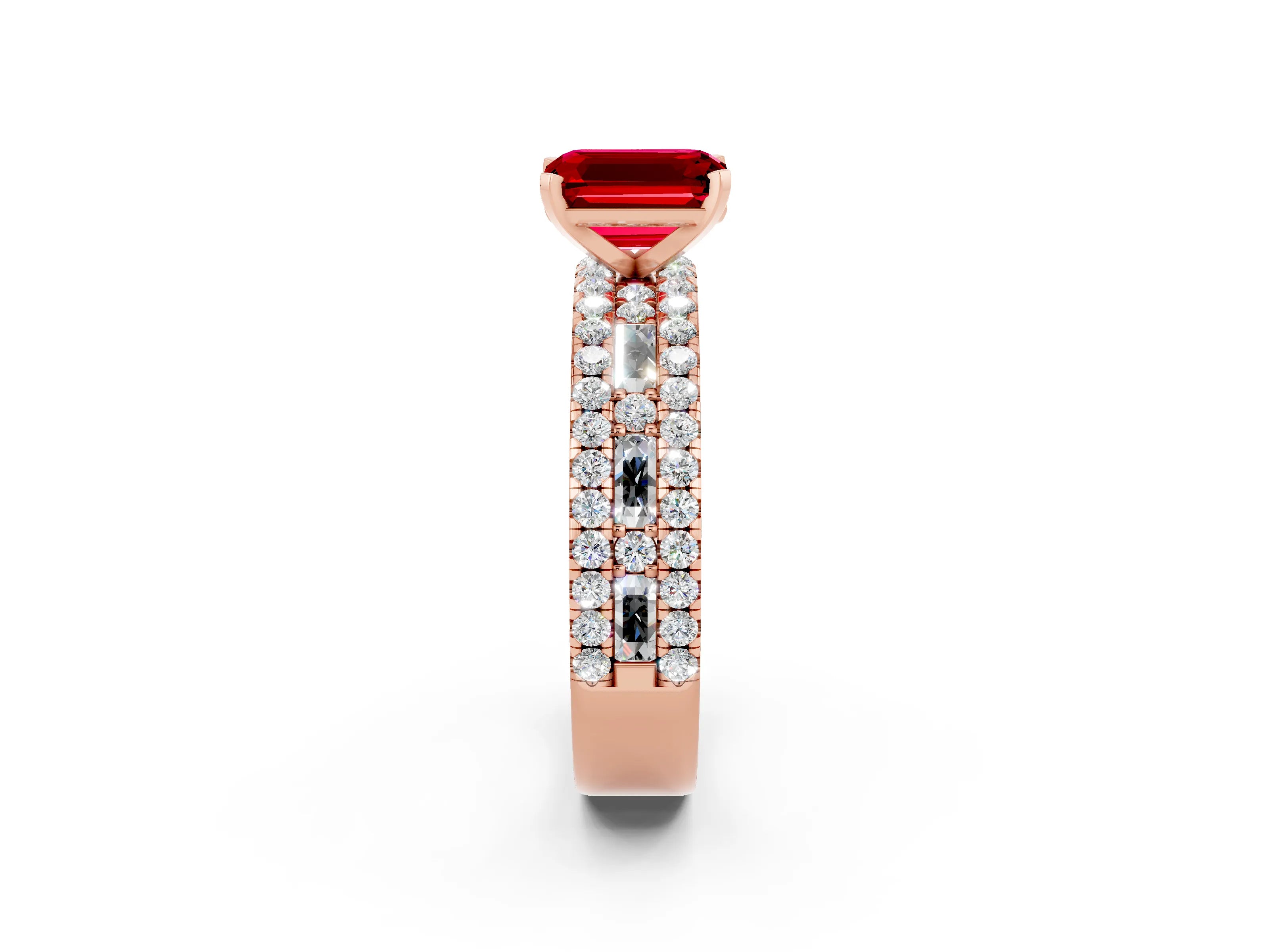 Rose gold Emerald Cut Ruby Solitaire Ring with Pavé and Channel Set Band_2