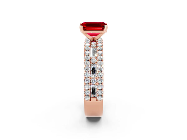 Rose gold Emerald Cut Ruby Solitaire Ring with Pavé and Channel Set Band
