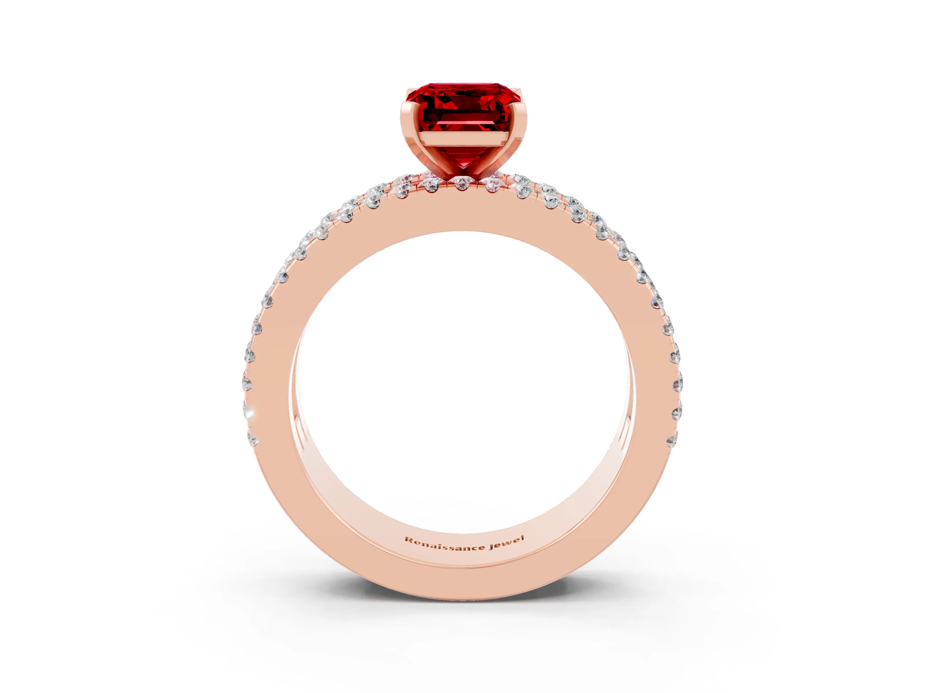 Rose gold Emerald Cut Ruby Solitaire Ring with Pavé and Channel Set Band_3