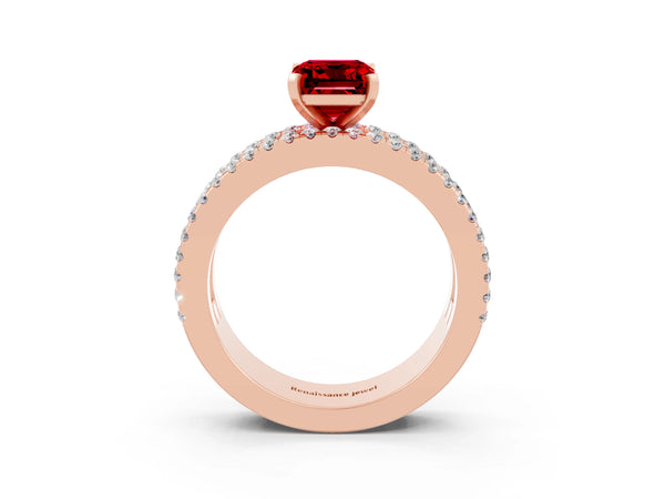 Rose gold Emerald Cut Ruby Solitaire Ring with Pavé and Channel Set Band