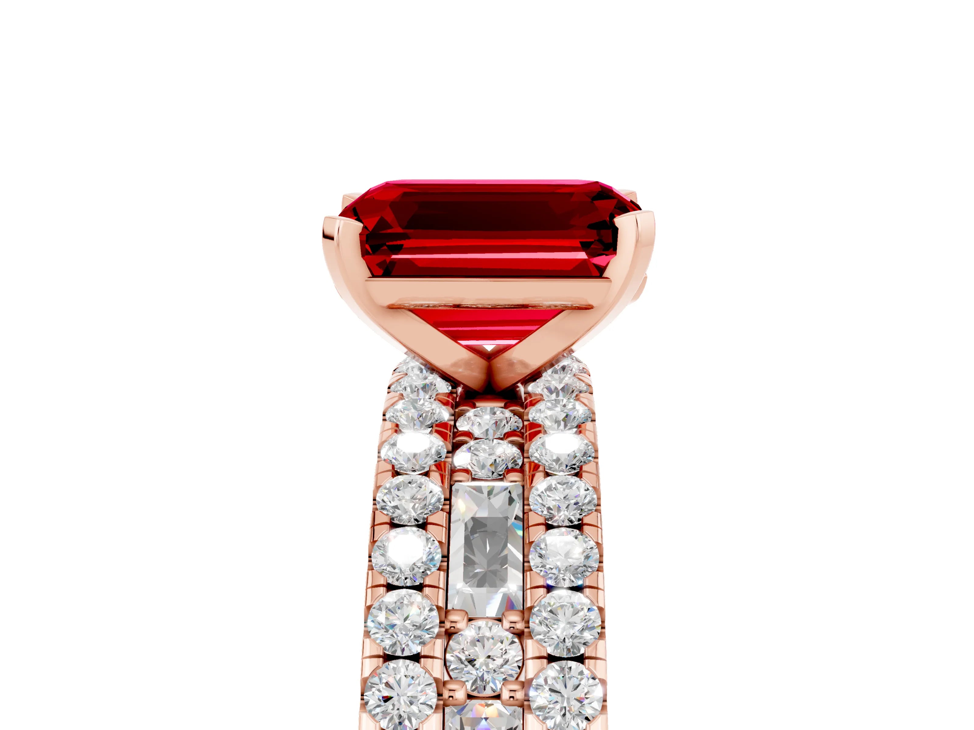 Rose gold Emerald Cut Ruby Solitaire Ring with Pavé and Channel Set Band_5