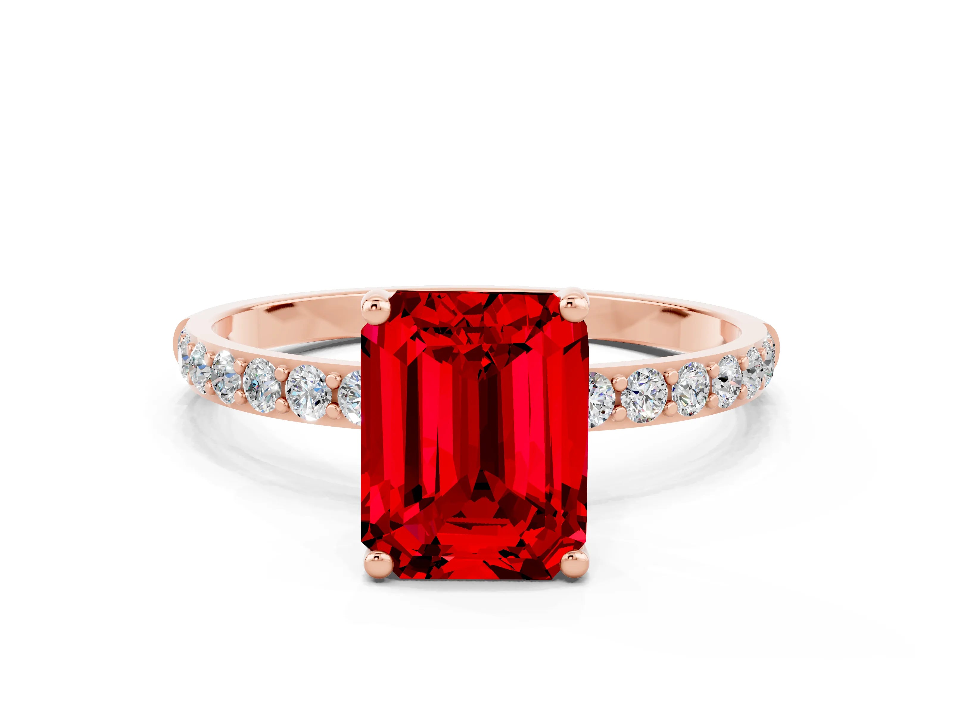 Rose gold Emerald Cut Ruby Solitaire Ring with Pave Band and Four Prong Setting_24