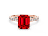 Rose gold Emerald Cut Ruby Solitaire Ring with Pave Band and Four Prong Setting_24