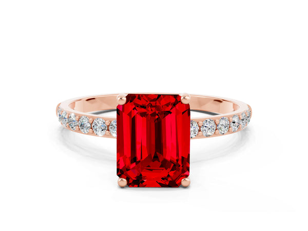 Rose gold Emerald Cut Ruby Solitaire Ring with Round  Pavé Band and Prong Setting