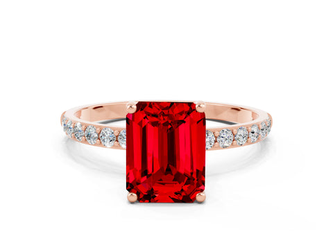 Rose gold Emerald Cut Ruby Solitaire Ring with Pave Band and Four Prong Setting_24