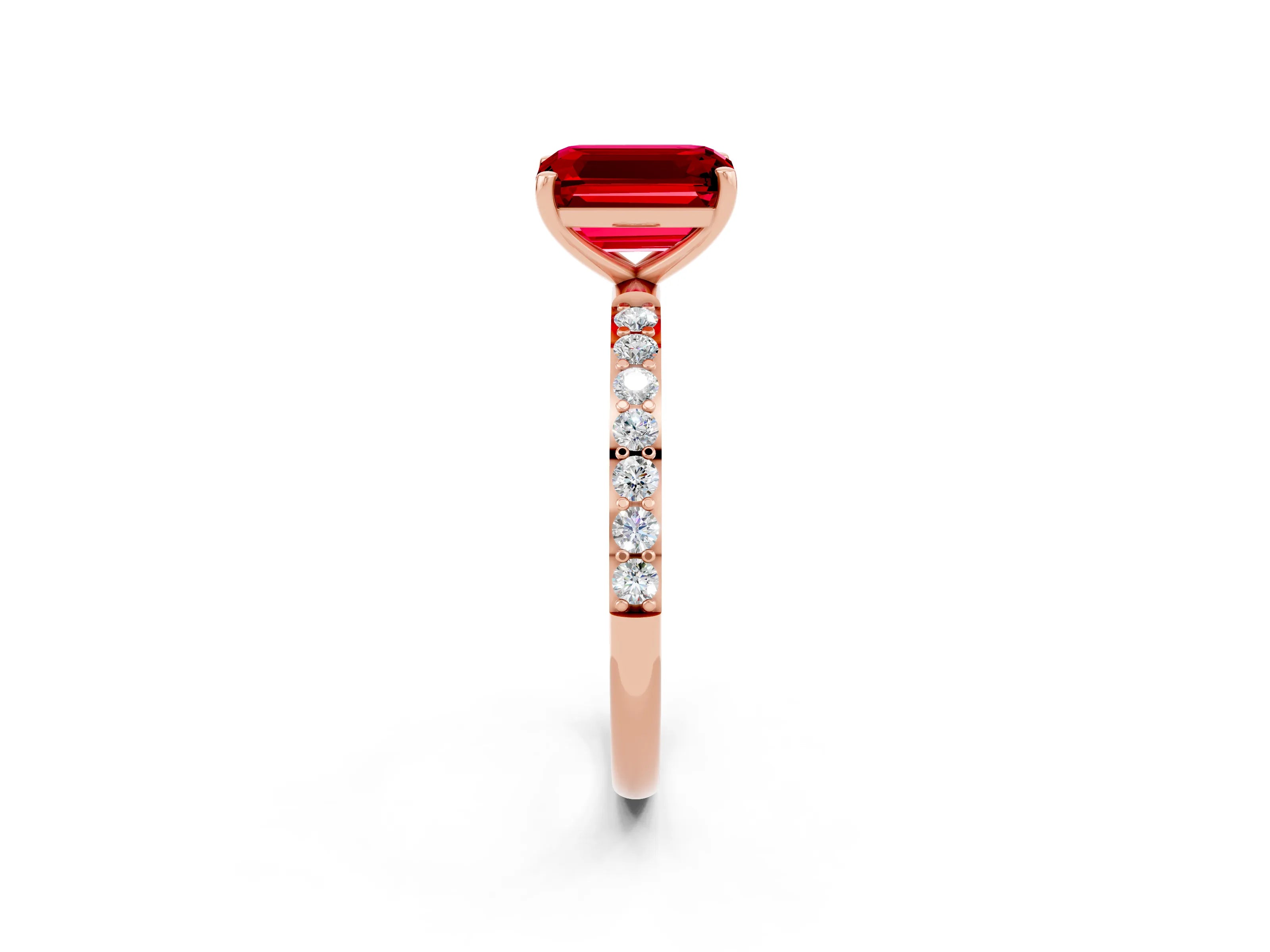 Rose gold Emerald Cut Ruby Solitaire Ring with Pave Band and Four Prong Setting_26