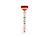 Rose gold Emerald Cut Ruby Solitaire Ring with Pave Band and Four Prong Setting_26