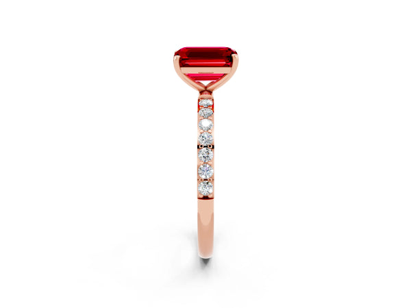 Rose gold Emerald Cut Ruby Solitaire Ring with Round  Pavé Band and Prong Setting