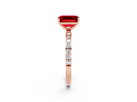 Rose gold Emerald Cut Ruby Solitaire Ring with Pave Band and Four Prong Setting_26