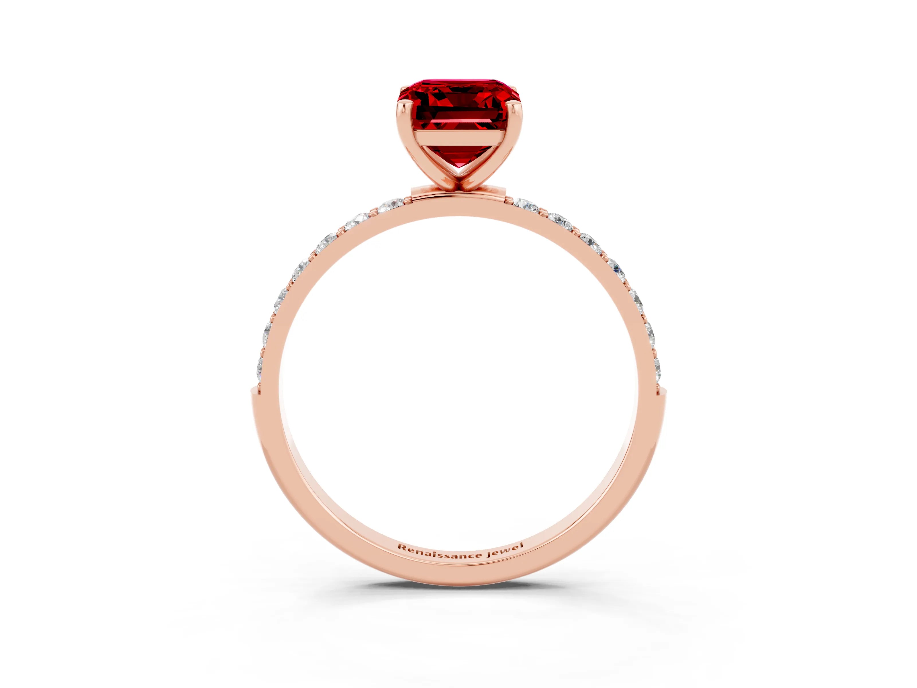 Rose gold Emerald Cut Ruby Solitaire Ring with Pave Band and Four Prong Setting_27